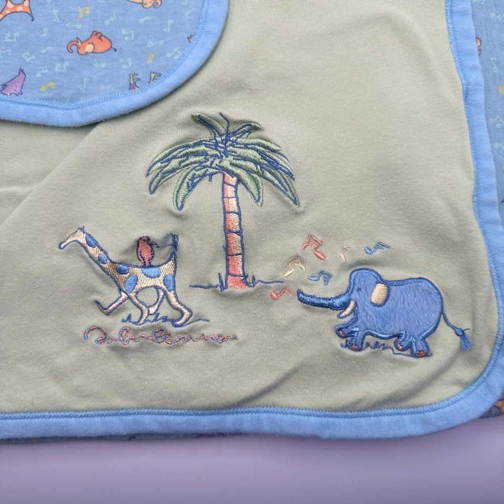 Vtg Carter's John Lennon REAL LOVE Baby Blanket Blue Green Animals Palm Trees - Picture 2 of 8